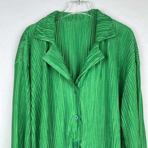 2 Piece Set Pleated Long Sleeve Loose Fit Button Down Shirt Wide Leg Pants Green - Picture 4 of 12